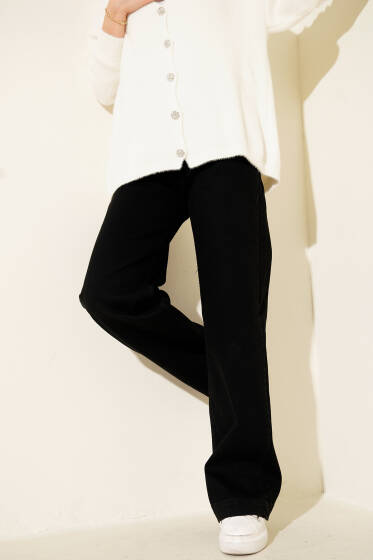 Önü Metal Düğmeli Bol Kot Pantolon Siyah - Pantolon