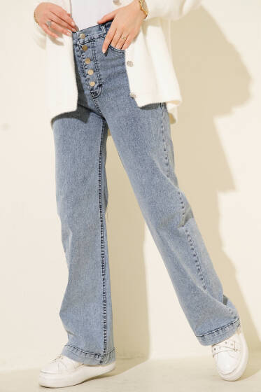 Önü Metal Düğmeli Bol Kot Pantolon Buz Mavisi - Pantolon