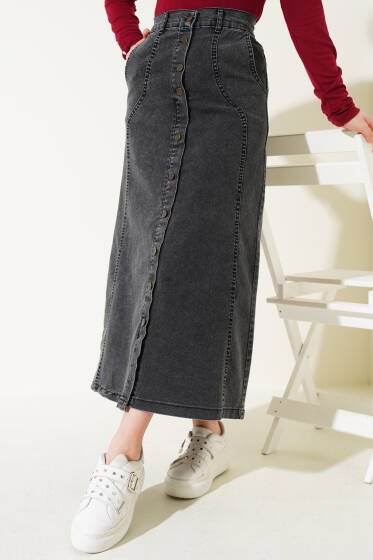 Önü Metal Düğmeli Kot Etek Antrasit - Etek