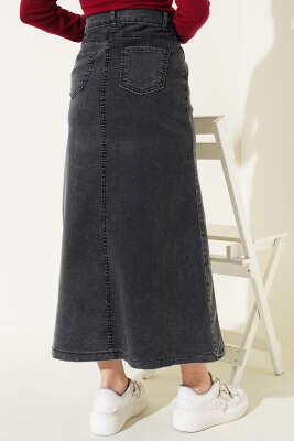 Önü Metal Düğmeli Kot Etek Antrasit - Uzun Etek