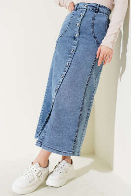 Önü Metal Düğmeli Kot Etek Kar Yıkama - Uzun Etek