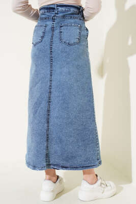 Önü Metal Düğmeli Kot Etek Kar Yıkama - Uzun Etek