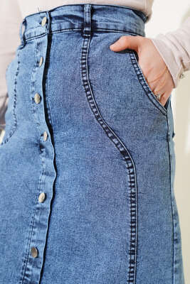 Önü Metal Düğmeli Kot Etek Kar Yıkama - Uzun Etek