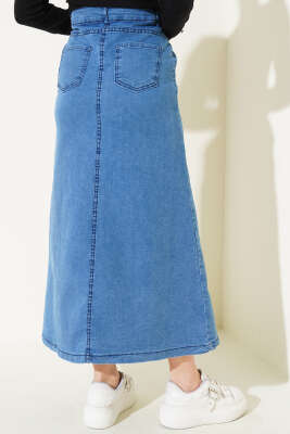 Önü Metal Düğmeli Kot Etek Kot - Uzun Etek