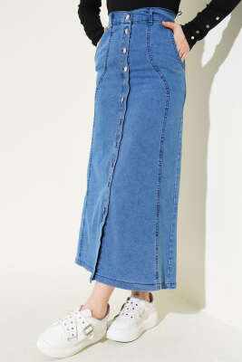 Önü Metal Düğmeli Kot Etek Kot - Uzun Etek