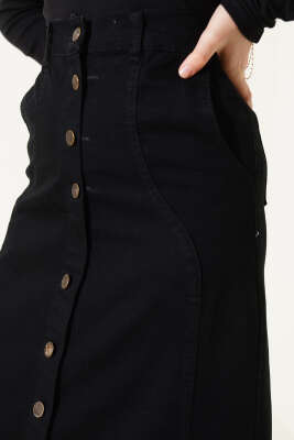 Önü Metal Düğmeli Kot Etek Siyah - Uzun Etek