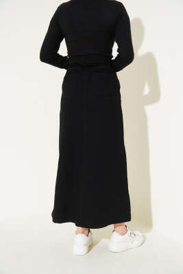 Önü Metal Düğmeli Kot Etek Siyah - Uzun Etek