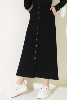 Önü Metal Düğmeli Kot Etek Siyah - Uzun Etek