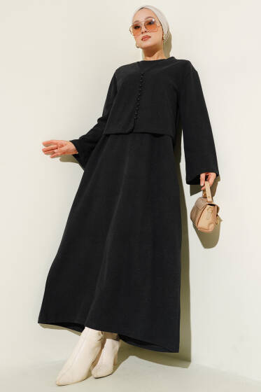 Önü Mini Düğmeli Elbise İkili Takım Antrasit - İkili Takım