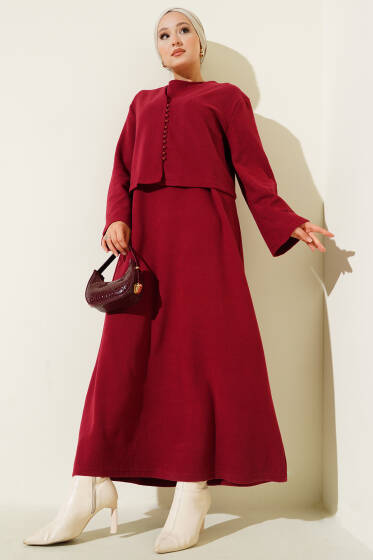 Önü Mini Düğmeli Elbise İkili Takım Bordo - İkili Takım