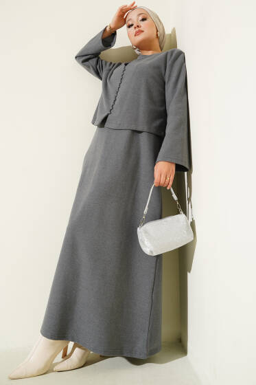 Önü Mini Düğmeli Elbise İkili Takım Füme - İkili Takım