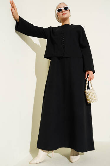 Önü Mini Düğmeli Elbise İkili Takım Siyah - İkili Takım