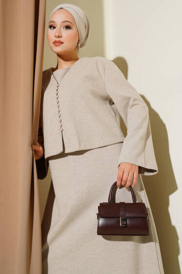 Önü Mini Düğmeli Elbise İkili Takım Taş - İkili Takım