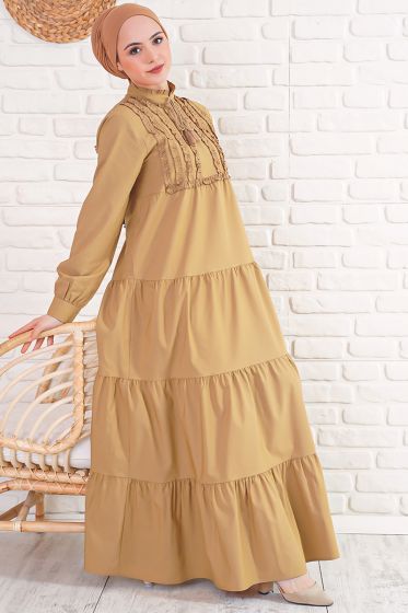 Önü Mini Fırfırlı Bağcıklı Camel Elbise - Bayan Elbise