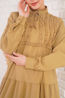 Önü Mini Fırfırlı Bağcıklı Camel Elbise - Thumbnail