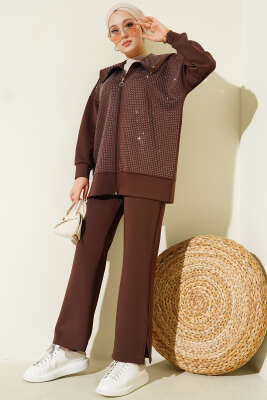 Önü Minik Taşlı Scuba İkili Takım Kahve - VAV TEKSTİL