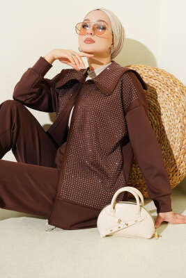 Önü Minik Taşlı Scuba İkili Takım Kahve - İkili Takım