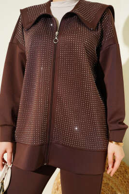 Önü Minik Taşlı Scuba İkili Takım Kahve - İkili Takım