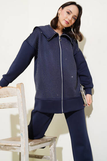 Önü Minik Taşlı Scuba İkili Takım Lacivert - İkili Takım