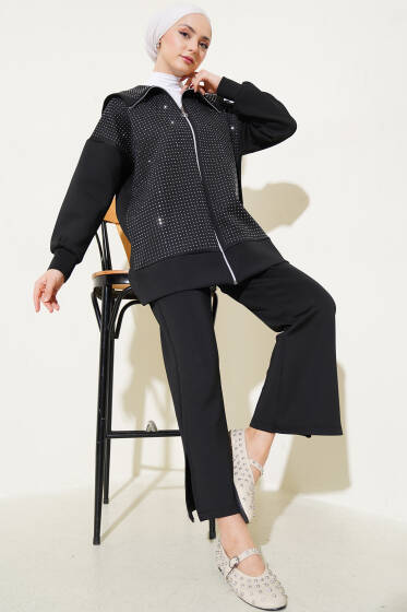 Önü Minik Taşlı Scuba İkili Takım Siyah - İkili Takım