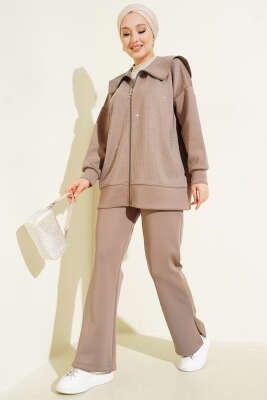 Önü Minik Taşlı Scuba İkili Takım Vizon - VAV TEKSTİL