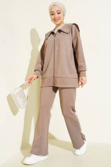 Önü Minik Taşlı Scuba İkili Takım Vizon - İkili Takım