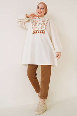 Önü Nakış İşlemeli Püsküllü Keten Tunik - Tunik