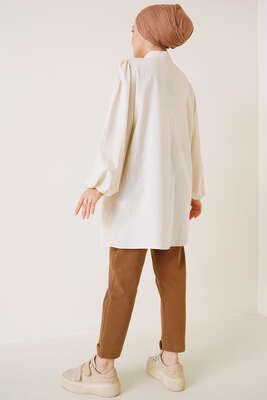 Önü Nakış İşlemeli Püsküllü Keten Tunik - Tunik