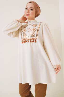 Önü Nakış İşlemeli Püsküllü Keten Tunik - Tunik