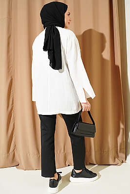 Önü Nakışlı Bağcıklı Müslin Kimono Ekru - Dış Giyim&Mont