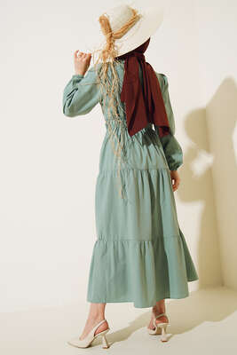 Önü Nakışlı Beli Lastikli Elbise Çağla Yeşili - Thumbnail