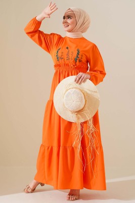 Önü Nakışlı Beli Lastikli Oranj Elbise - Thumbnail