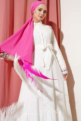 Önü Nakışlı Brodeli Kuşaklı Elbise Fuşya - Tesettür Elbise