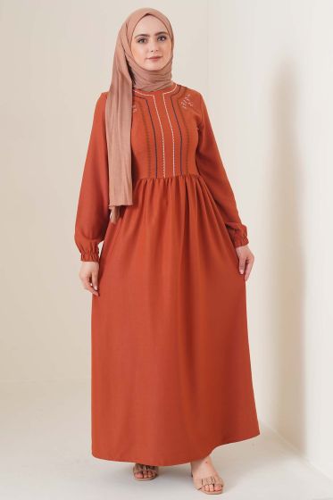 Önü Nakışlı Gabardin Taba Elbise - Tesettür Elbise