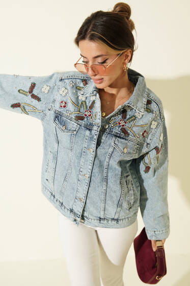 Önü Nakışlı İncili Kot Kısa Ceket Kar Yıkama - Kadın Giyim Modelleri