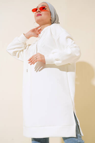 Önü Nakışlı Kapüşonlu Tunik Ekru - Tunik