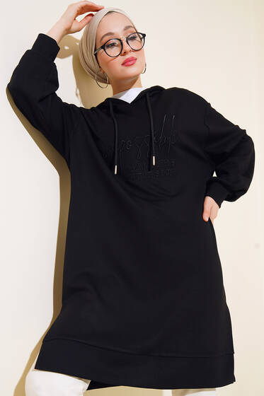 Önü Nakışlı Kapüşonlu Tunik Siyah - Tunik