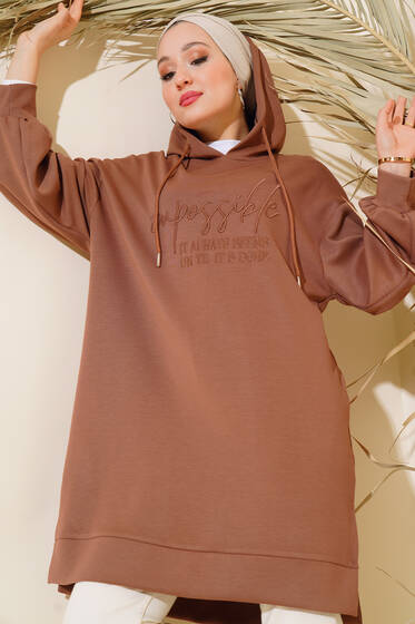 Önü Nakışlı Kapüşonlu Tunik Vizon - Tunik