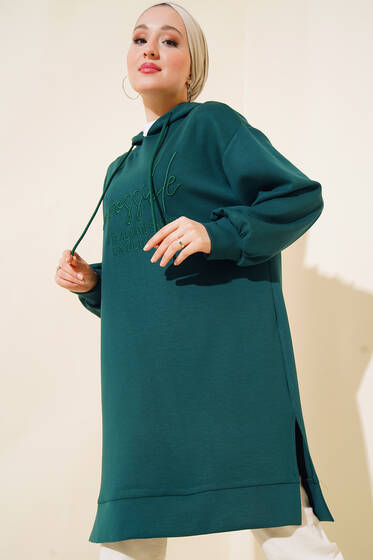 Önü Nakışlı Kapüşonlu Tunik Zümrüt - Tunik