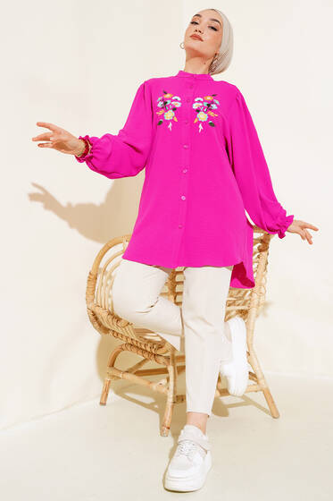 Önü Nakışlı Kol Büzgülü Tunik Fusya - Tunik