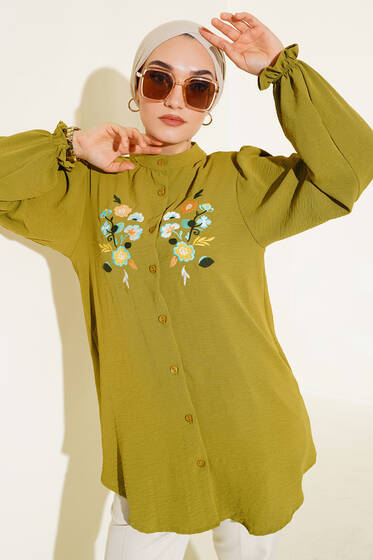 Önü Nakışlı Kol Büzgülü Tunik Yağ Yeşili - Tunik