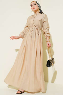 Önü Nervürlü Brit Düğmeli Elbise Bej 