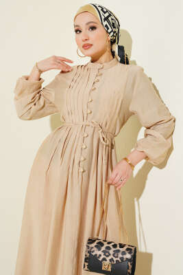 Önü Nervürlü Brit Düğmeli Elbise Bej - Elbise