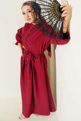 Önü Nervürlü Brit Düğmeli Elbise Bordo 