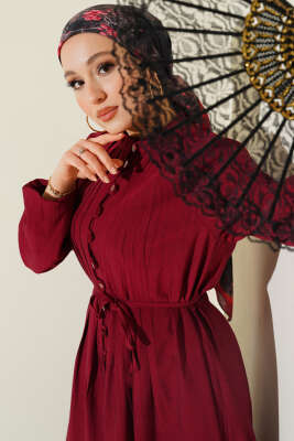 Önü Nervürlü Brit Düğmeli Elbise Bordo - Elbise