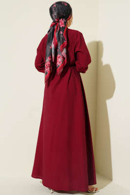 Önü Nervürlü Brit Düğmeli Elbise Bordo - Elbise