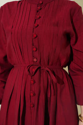 Önü Nervürlü Brit Düğmeli Elbise Bordo - Elbise