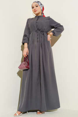 Önü Nervürlü Brit Düğmeli Elbise Füme - ASMİN