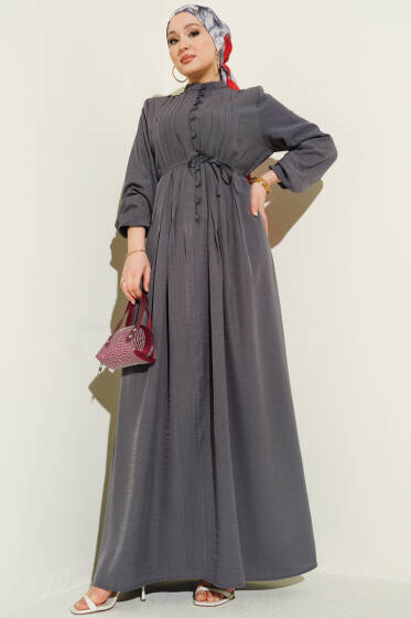 Önü Nervürlü Brit Düğmeli Elbise Füme - Elbise