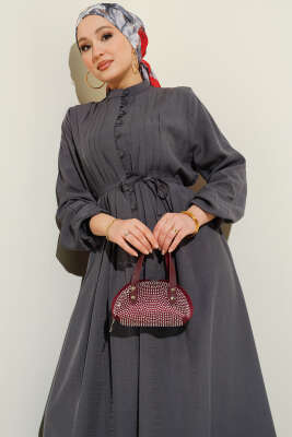 Önü Nervürlü Brit Düğmeli Elbise Füme - Elbise